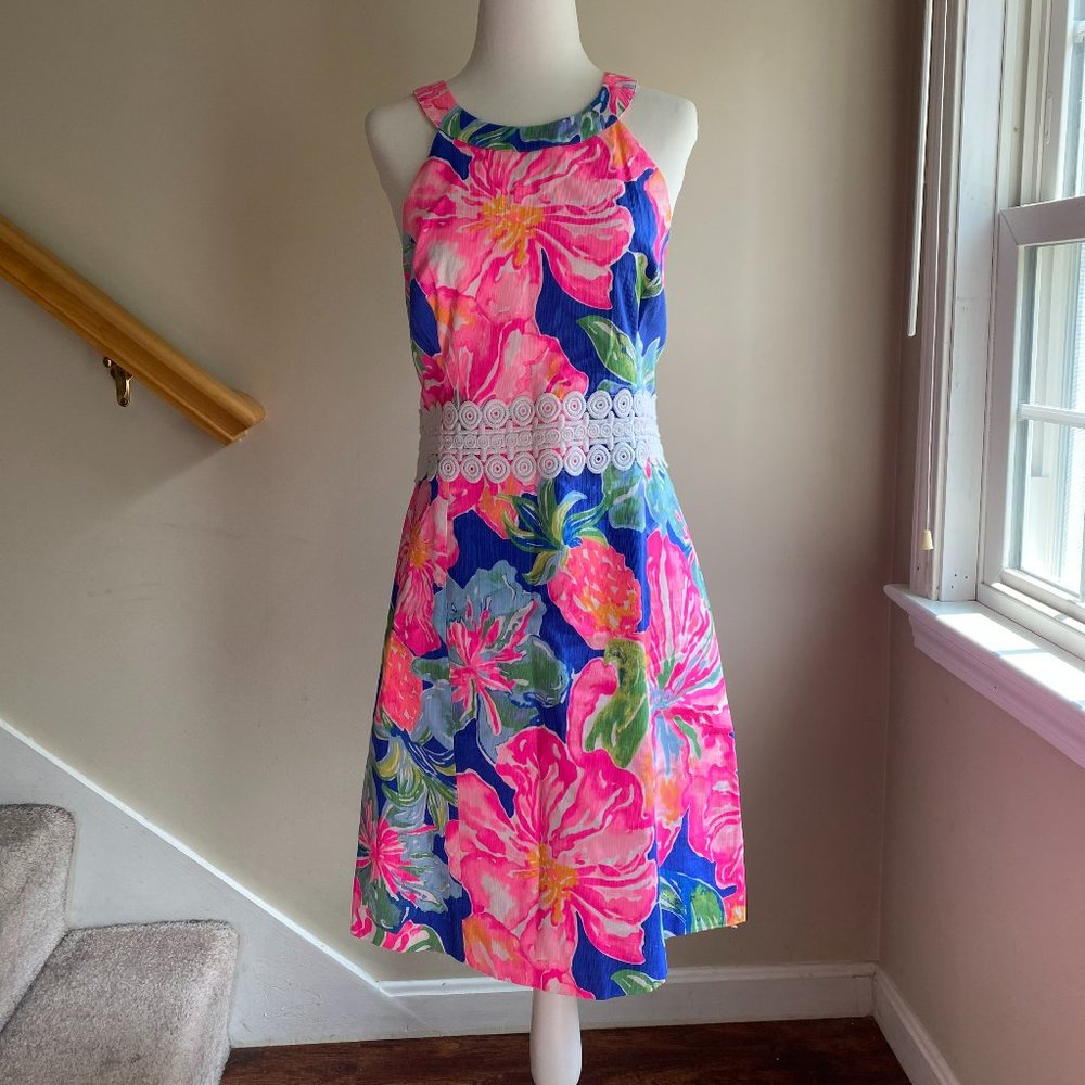 Tropical printed Lilly Pulitzer halter dress w lace detailing around the waist